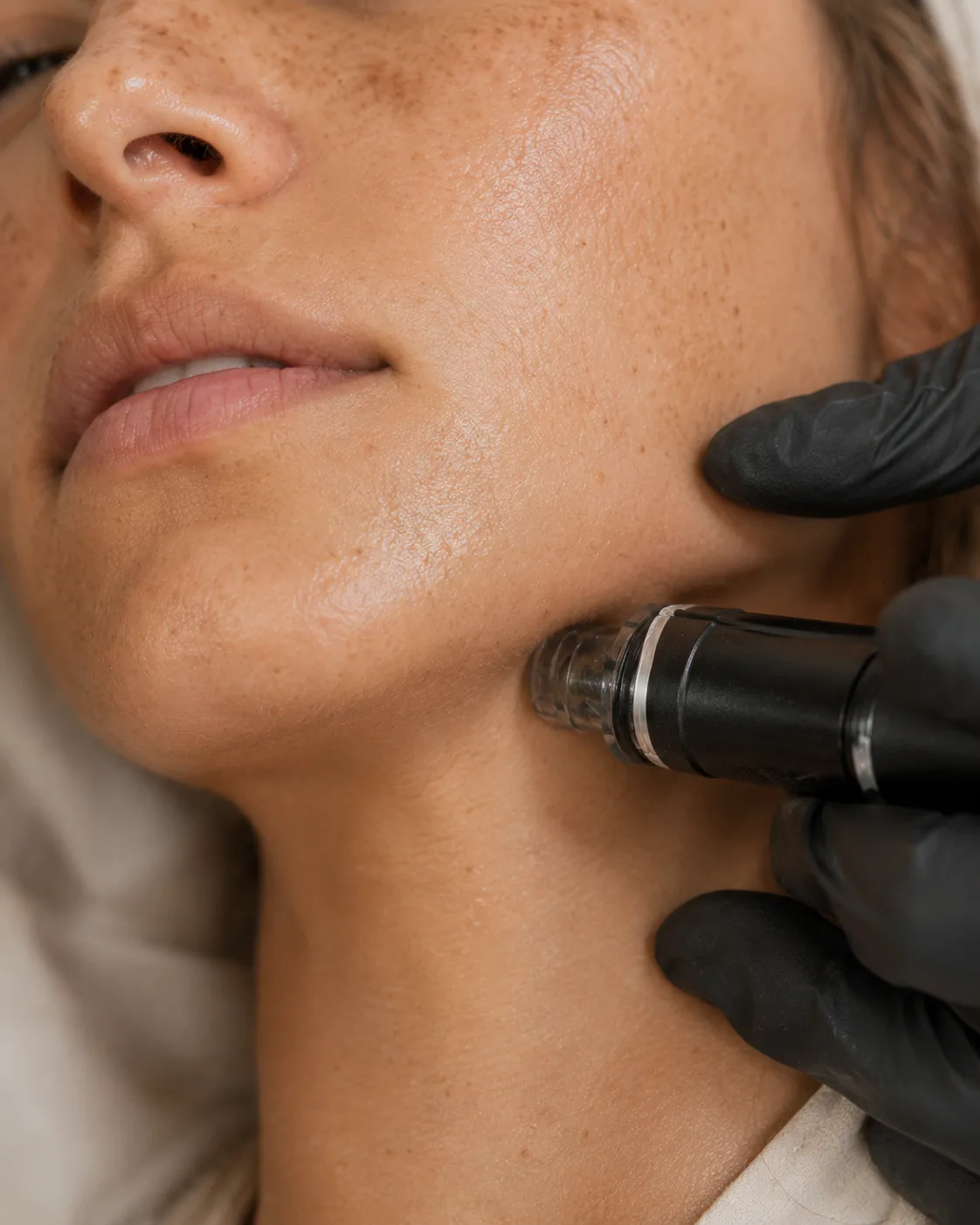 Signature — applicateur Hydrafacial sur la joue, vortex en action